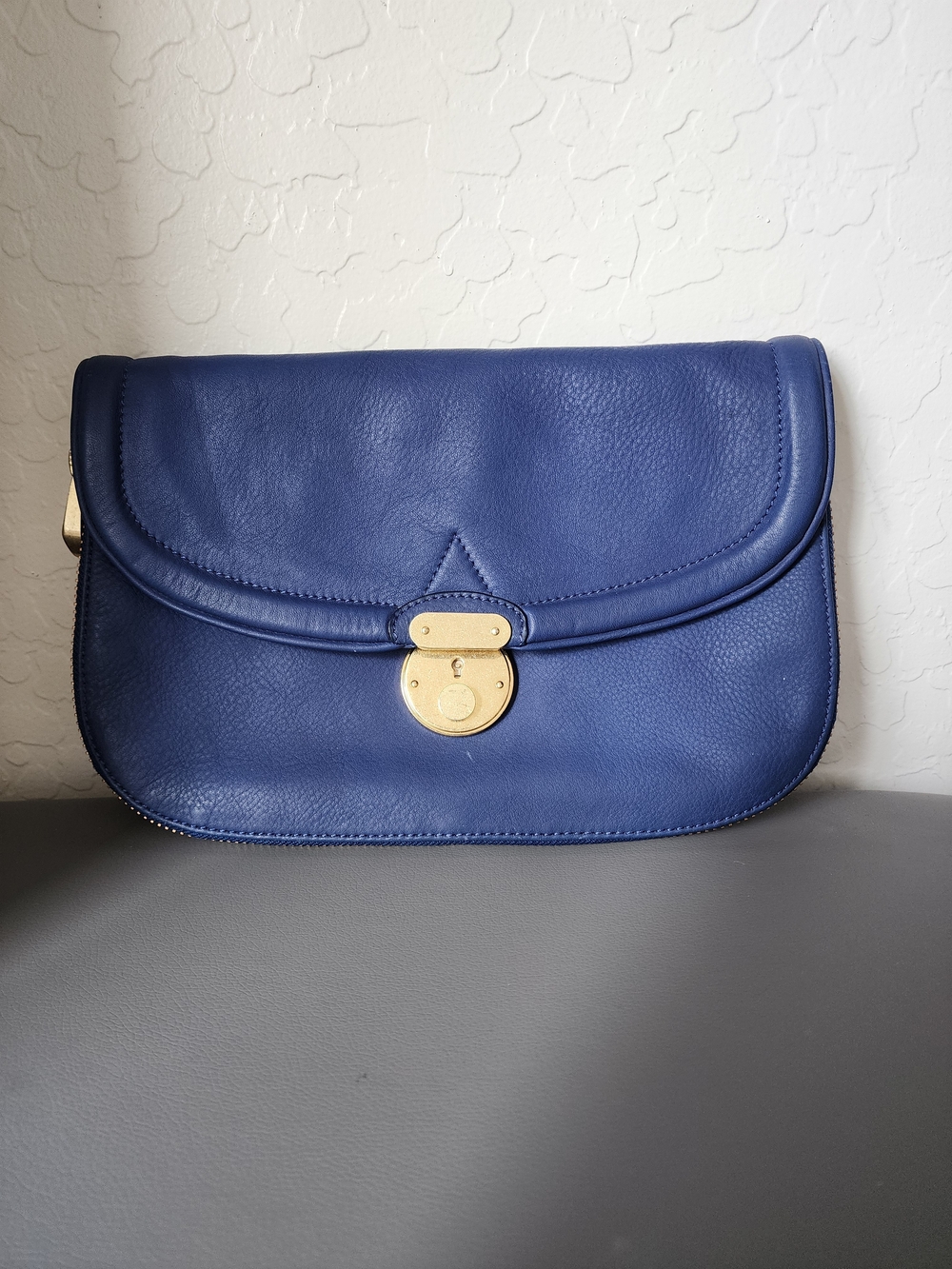 Blue Leather Clutch Bag with Gold Lock